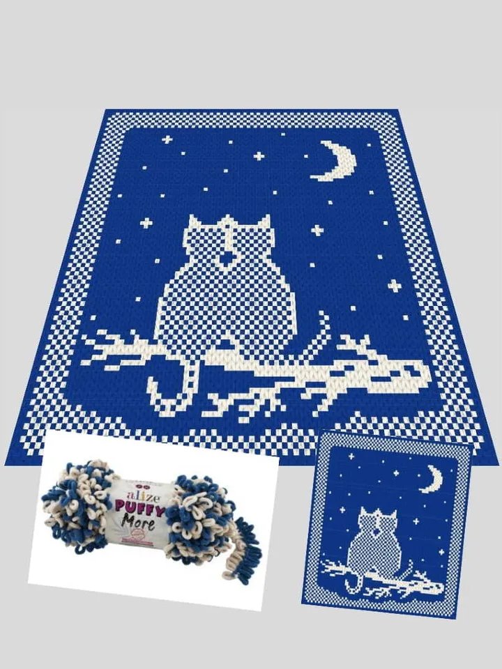 Loop yarn Finger knitted Night cats blanket pattern
