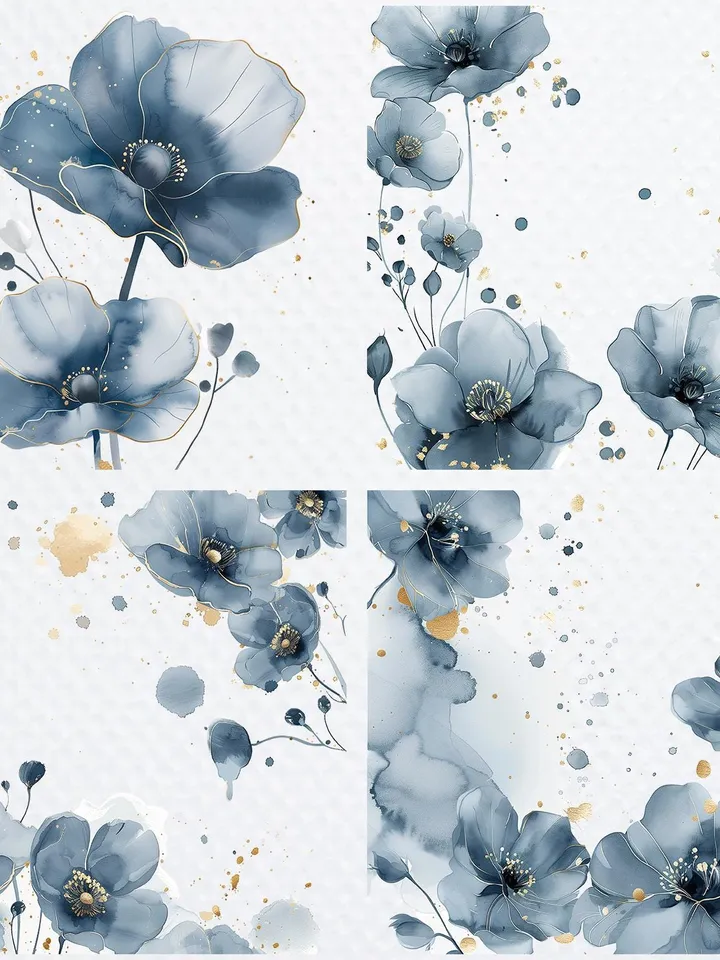 18 Abstract Blue Flowers PNG Bundle, Alcohol Ink Flowers Print Printable Watercolor clipart for sublimation, digital crafting, junk journals