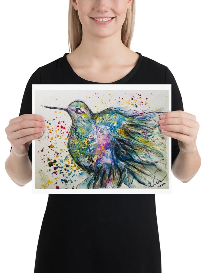 Hummingbird - Photo paper poster made from my original watercolour painting,colourful bird painting wall art