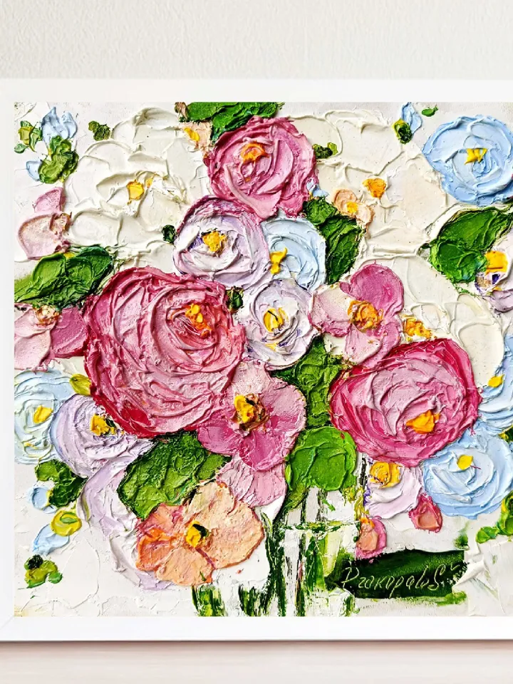 Hydrangea Painting Kandinsky Flowers Original Art Impasto Flower Oil Painting Floral 8x8 in by ArtProkopaloSv