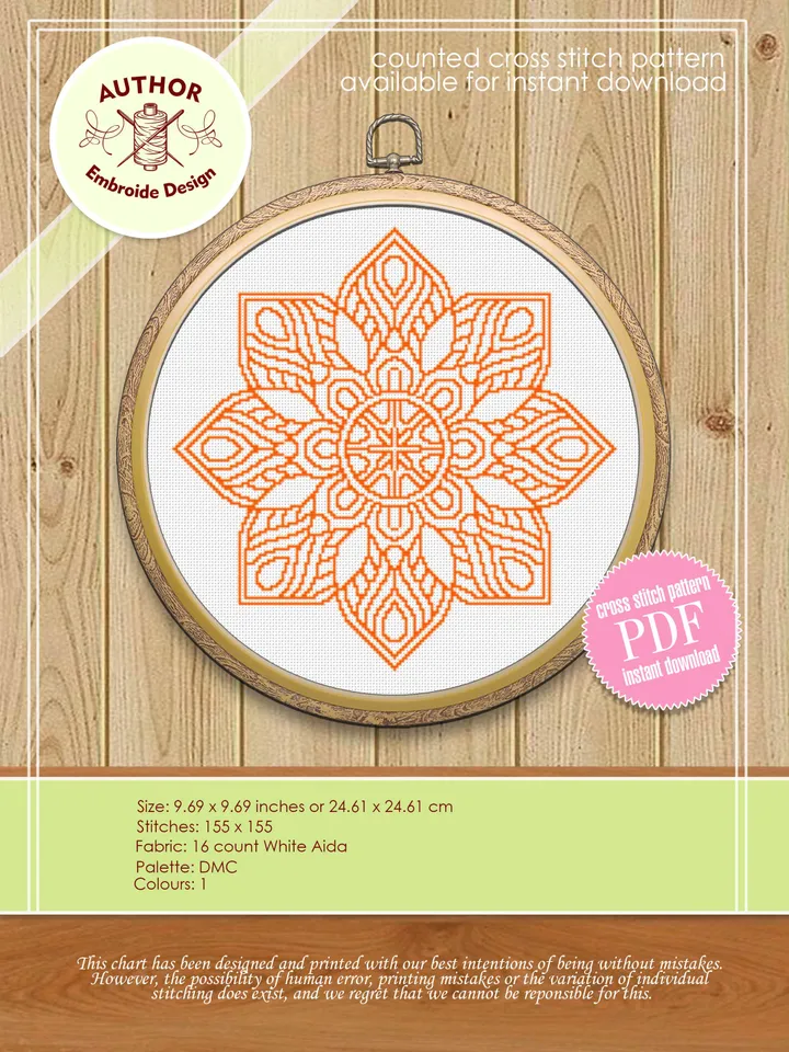 Flower mandala cross stitch pattern download PDF Easy mandala pattern digital PDF Monochrome cross stitch Floral ornament cross stitch #M7