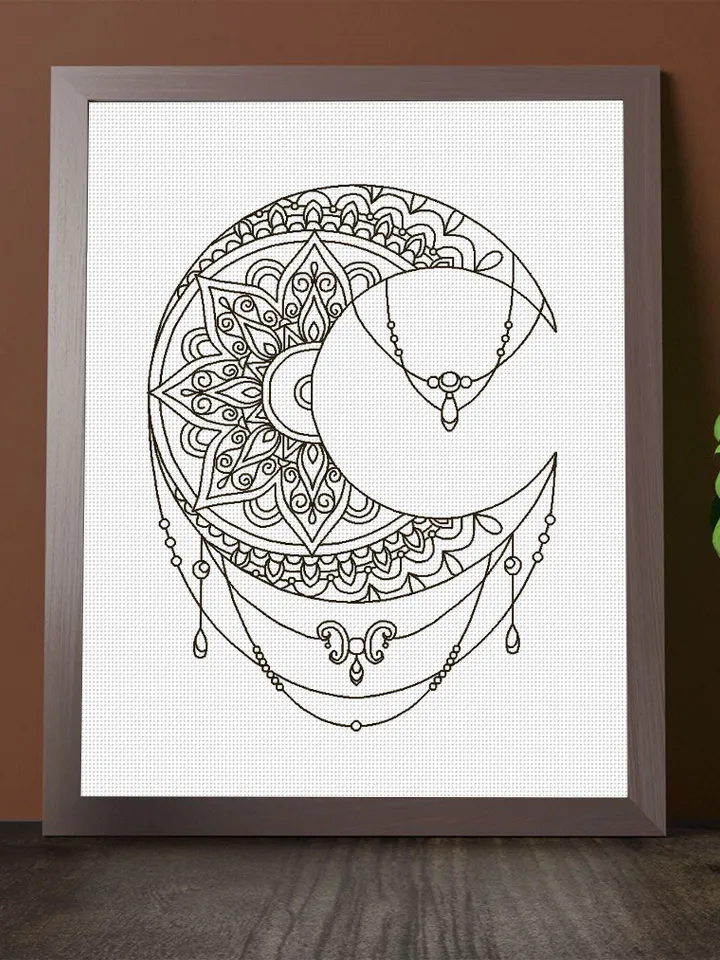 Crescent moon blackwork pattern PDF download Mandala moon embroidery PDF, Backstitch chart Moon ornament, Mandala blackwork embroidery #W32