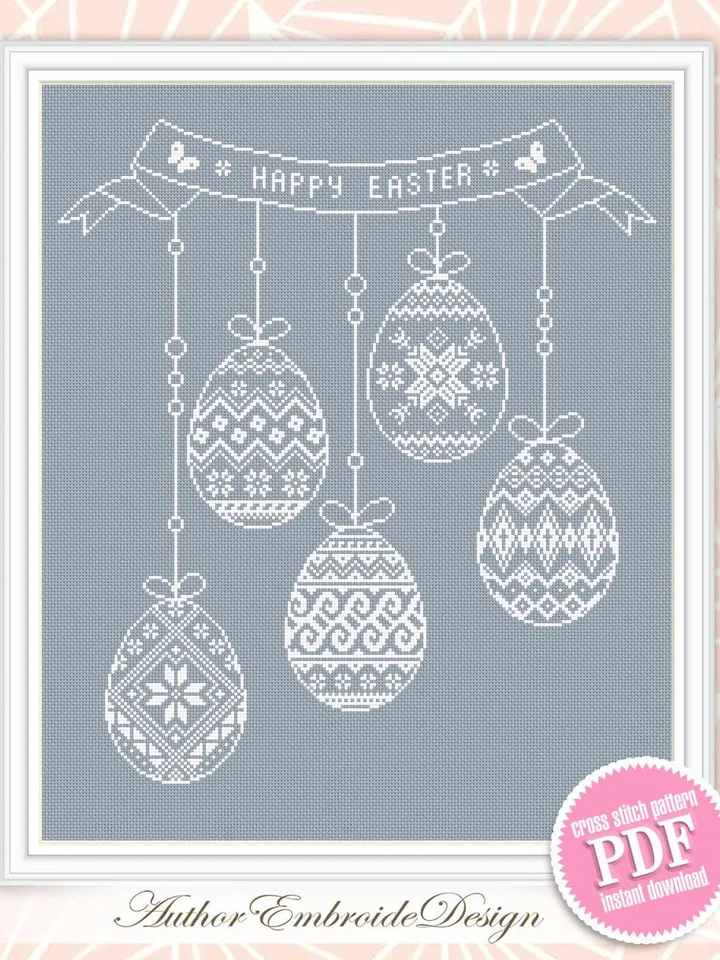 Easter eggs cross stitch pattern PDF download Monochrome sampler cross stitch chart for beginner, Happy Easter pattern digital PDF #T44