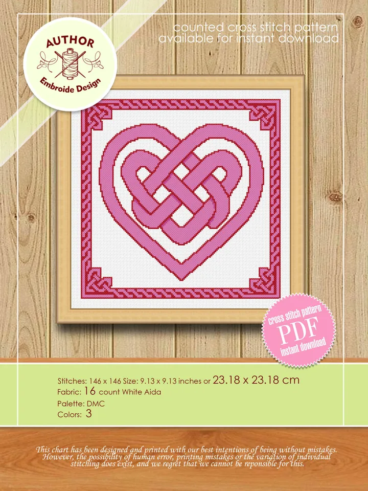 Celtic love knot cross stitch pattern download PDF, Celtic heart cross stitch chart, Celtic ornament embroidery, Easy mandala pattern #M53
