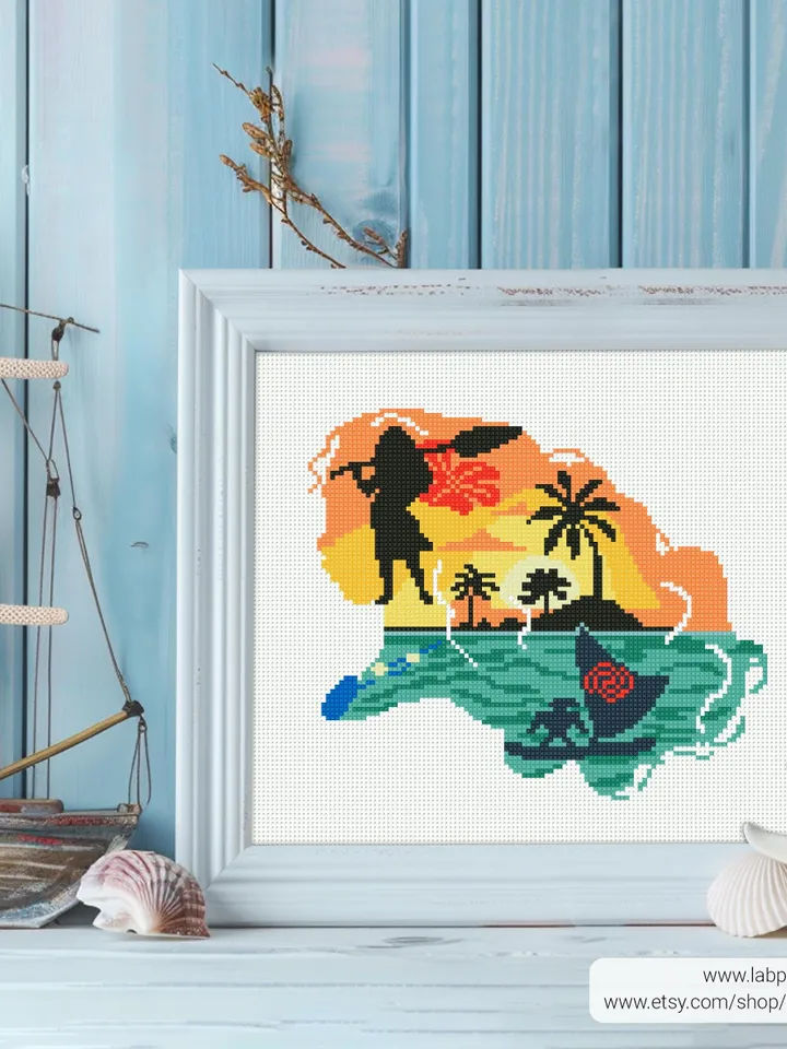 Moana silhouette Cross stitch pattern, ocean journey, abstract, Maui, beginner counted, modern chart, DIY, embroidery, instant Digital PDF