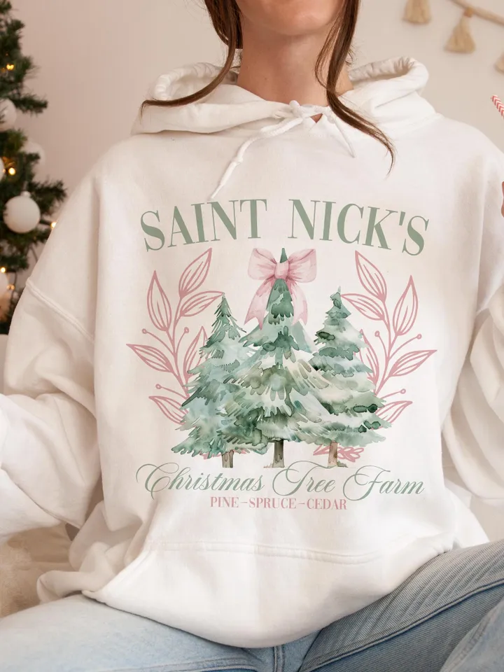 Saint Nick's Christmas Tree Farm PNG Coquette Pink Christmas Png vintage christmas png svg, boho christmas png,trendy Pink Bow png