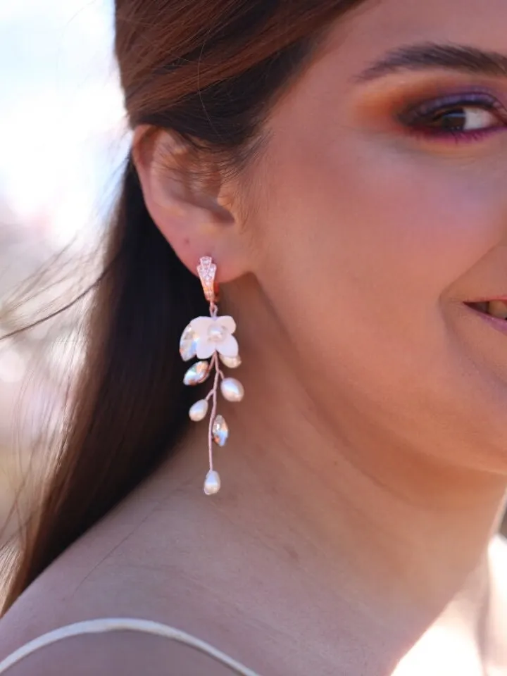 Long Boho Wedding Earrings, Delicate Porcelain Flowers Wedding Earrings, Freshwater Pearl Bridal Earrings, Floral Statement Wedding Jewelry
