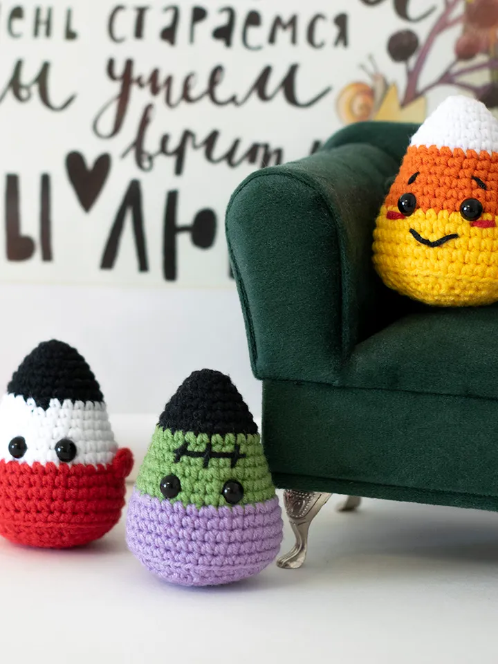 Set miniature candy corn monster toys Halloween sign, creepy cute table decor, basket and bowl fillers for spooky season