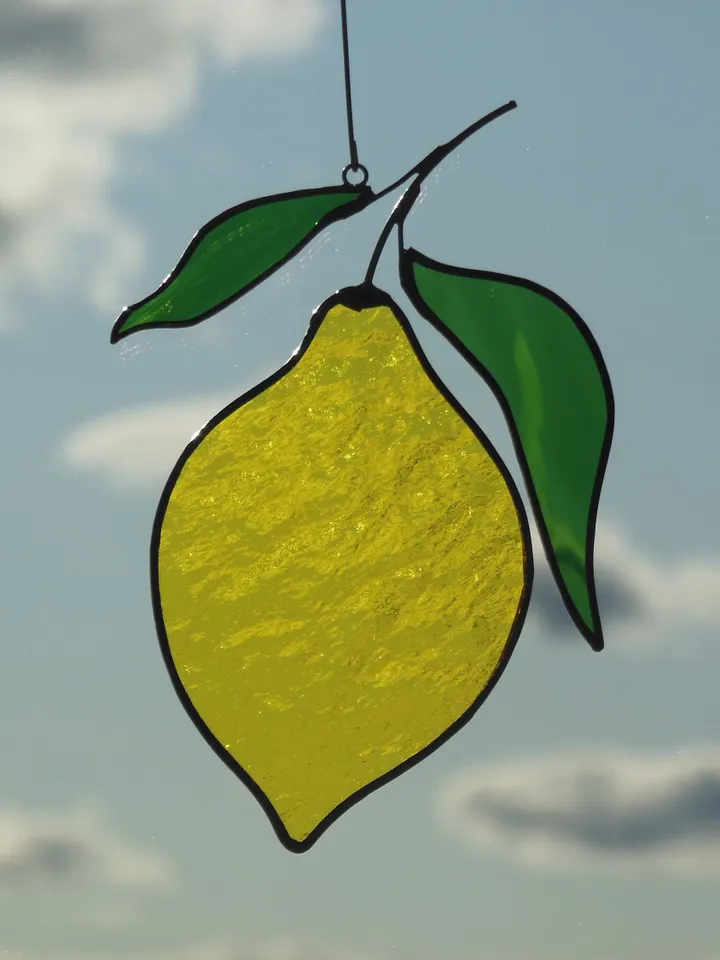 Lemon stained glass window hanging Suncatcher (texture RR) Fruit Kitchen Decor