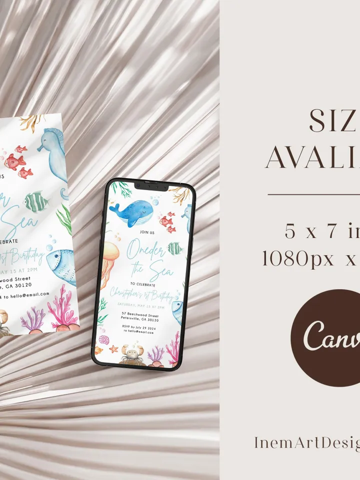 Oneder the Sea Birthday Invitation Under the Sea Editable Canva Template, 1st Birthday Invite Ocean Animals Invitation, Kids Birthday Invite