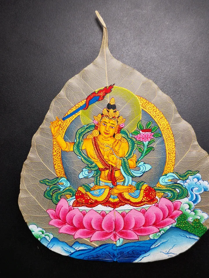 Gandhanra Handpainted Bodhi Leaf Thangka,Packed in Wooden Picture Frame,Painted with Natural Mineral Pigments,Manjusri Thangka