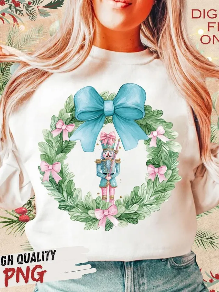 Christmas Toile PNG Nutcracker Wreath Christmas PNG Preppy Nutcracker Blue Toile Coquette Bow PNG Christmas Blue Digital Design Pink Bow png