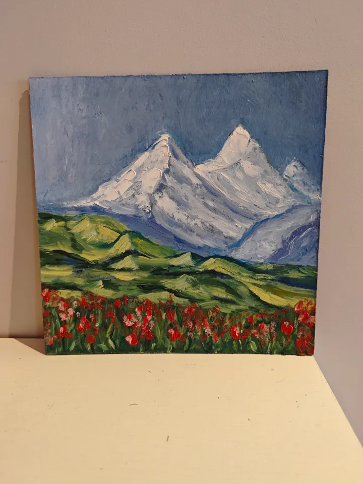 Mountains Landscape Original Painting Alps Mountains Original Art Mountain Modern Oil Artwork Alps Landscape Mountains And Meadow Wall Decor 8x8 inches by OlgaSokolovaArt
