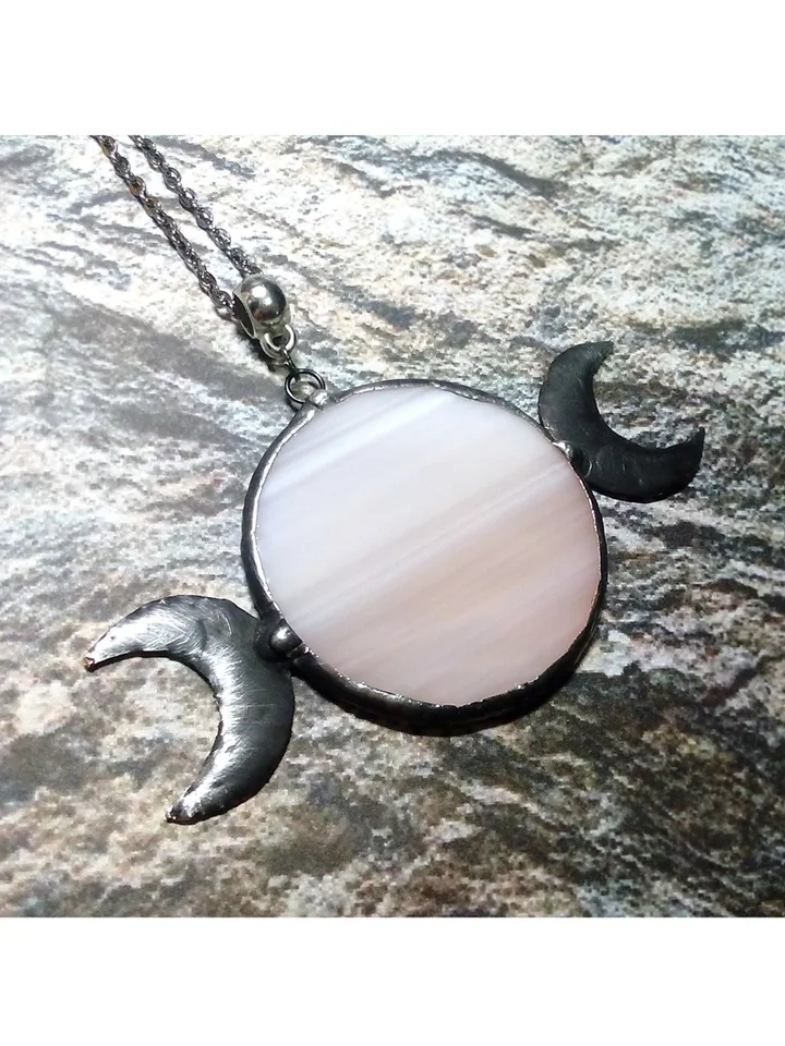 Hecate necklace, Moon Goddess, Stained glass moon, Moon phase necklace, Stainglass pink moon crescent, Full moon pendant