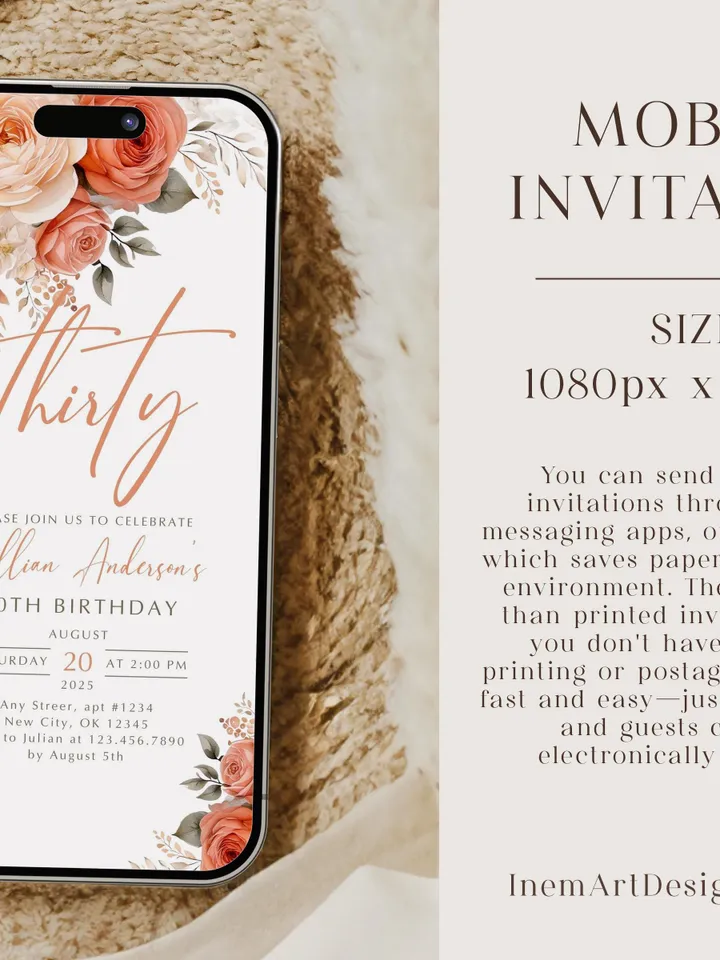 30th Birthday Invitation, Birthday Party Invitations for Women, Thirty Floral Birthday Invite for Her, Canva Editable Template, Digital File
