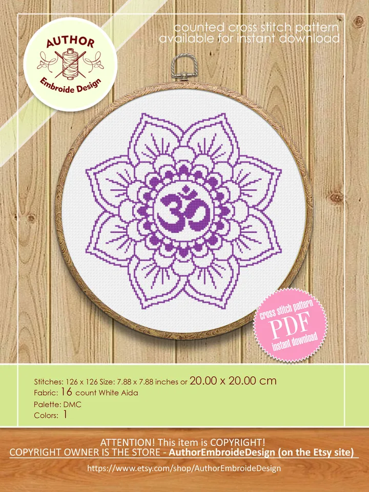 Mandala Om cross stitch pattern download PDF Meditation yoga cross stitch Chakra embroidery beginners Floral mandala digital xstitch #M152
