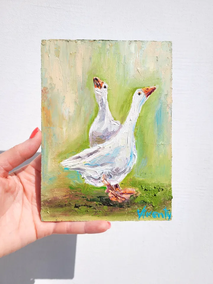 Goose Painting Friend Painting Original Impasto Oil Painting 5x7 Farm Animals Painting Geese Painting Duck Wall Art Bird Art Birthday Gift by ArtFromVictoria