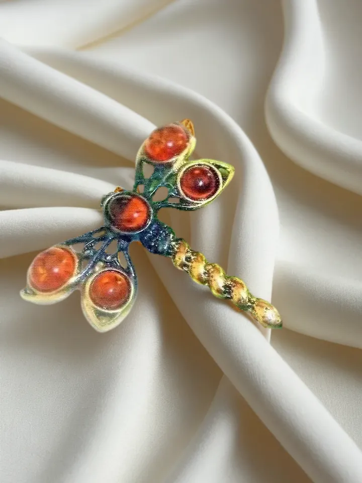 Cute Dragonfly insect brooch pin Gold antique Brass with Baltic Amber brooch Luck Nature jewelry for women and men