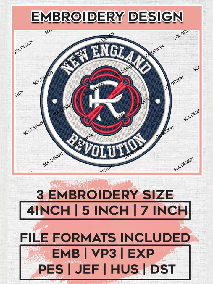 New England Revolution Soccer Team Logo Embroidery Design, MLS New England Revolution Logo Embroidery Files, Soccer Team Machine Embroidery, Machine Embroidery Design