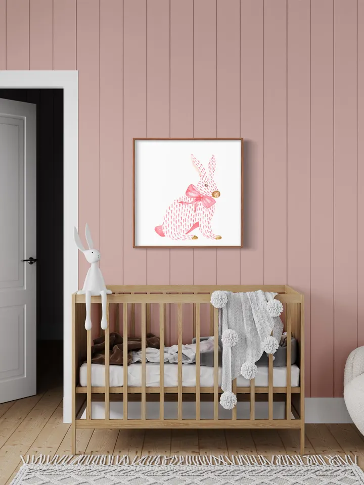 Pink Rabbit and Bow Painting, Watercolor Bunny Print, Pink Bow Art, Chinoiserie Wall Art, Nursery Wall Print, Girls Room Decor, Asian Print