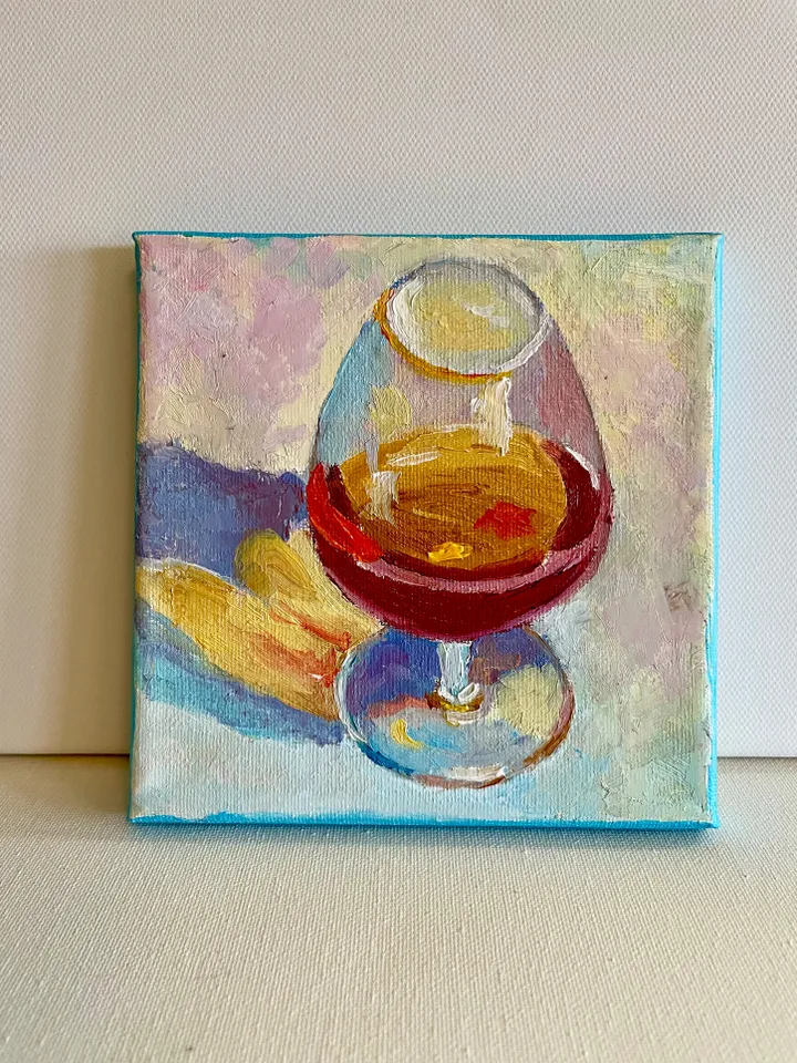 Cognac Painting Original Drink Wall Art Glass of Brandy Oil on Canvas Bar Cart Decor 6"x6"