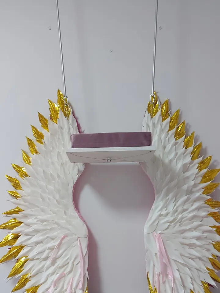 Handmade swing, hanging swing, Large angel wings, fuchsia and gold wings, winged swing,  Party Background nursery decor