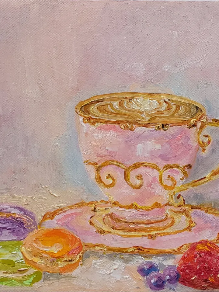 Oil painting "Still life. Cup of coffee with macarons" 20x20cm (8х8inc).