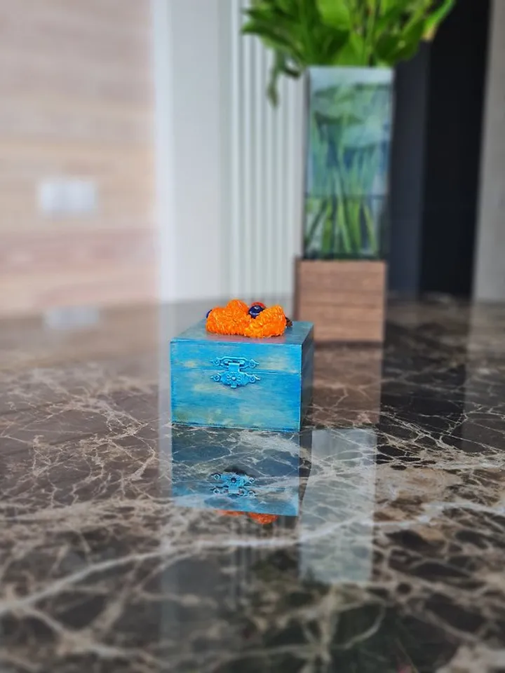 Handmade jewelry box Blue ring box One of a kind Fruits decor on lid Velvet roll