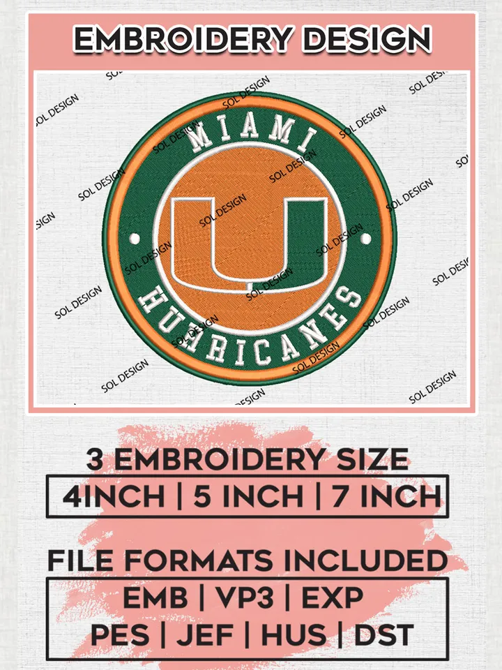 NCAA Miami Hurricanes Round Logo Embroidery, NCAA Miami Hurricanes Embroidery Design files, NCAA Teams, NCAA Machine embroidery designs, Digital Download