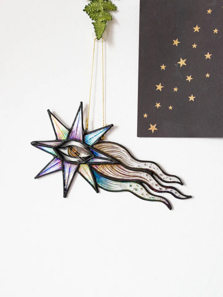 Stained glass ornament, Celestial home decor, Star Art
