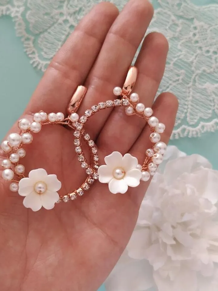 Rose Gold Hoop Floral Wedding Earrings, Porcelain Flower Bridal Earrings, Crystal Chandelier Statement Earriungs, Pearl Bridal Jewelry,