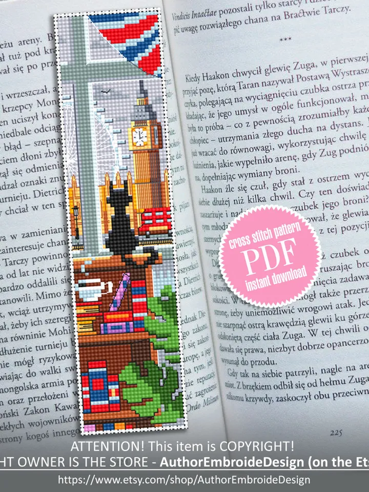 Bookmark cross stitch pattern download PDF Modern handmade bookmark digital Cute Black cat cross stitch England London Home sweet home #B62