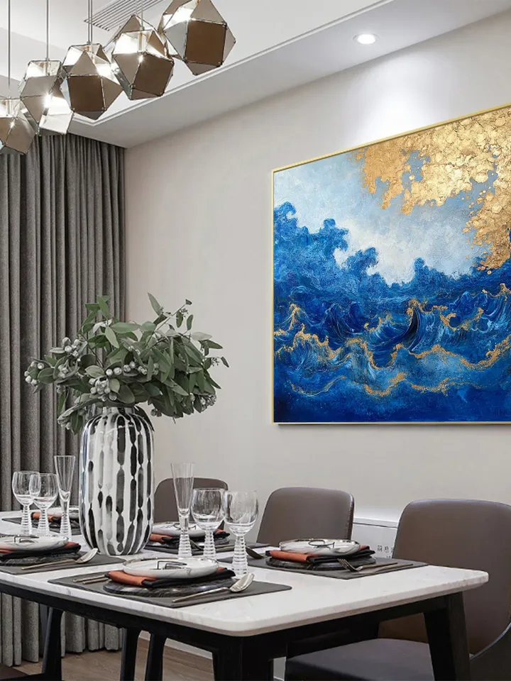 Abstract Gold leaf Oil Painting on Canvas, Original Blue Painting, Large Wall Art, Custom Painting, Living room Office Wall Art, Home Deocr