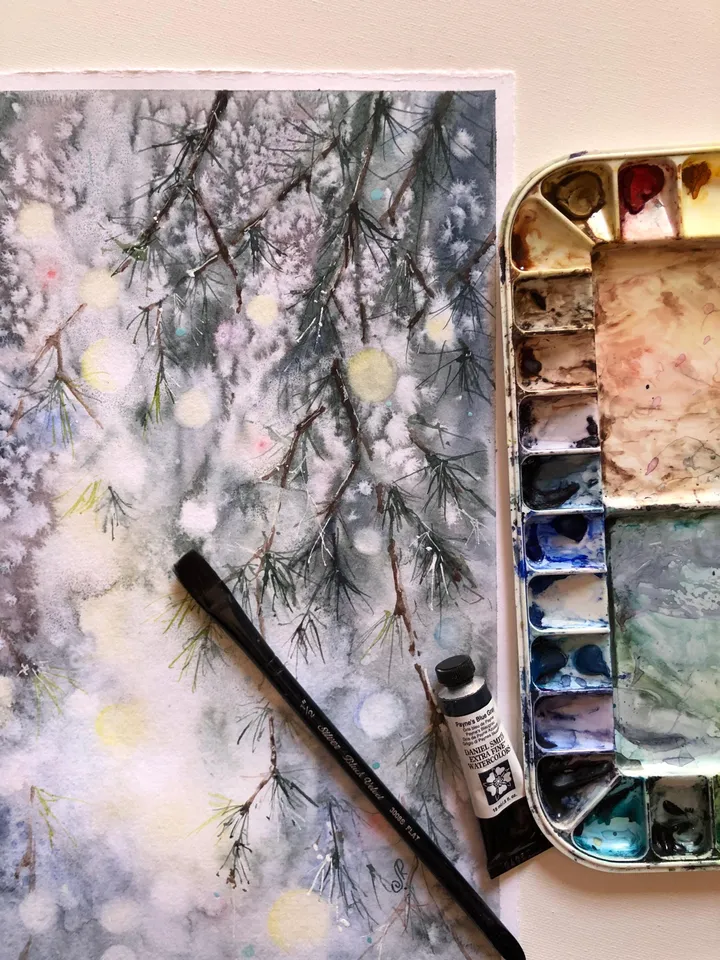 Forest Original Painting Trees Wall Art Winter Watercolor Painting