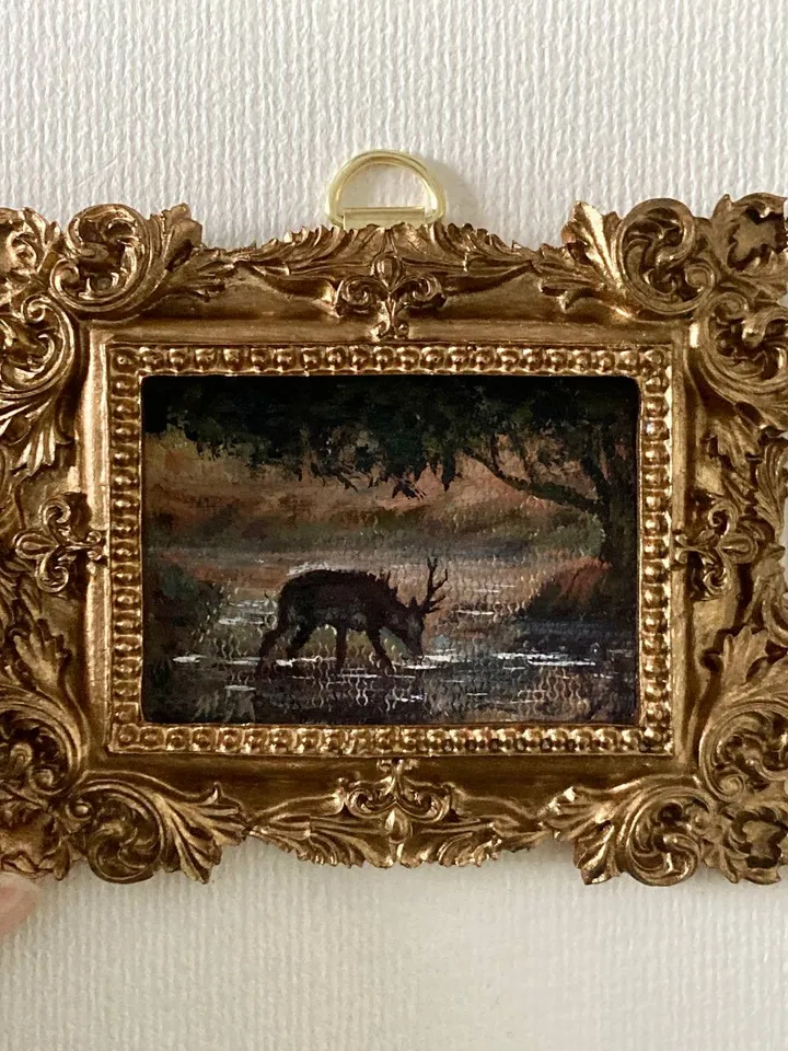 Forest Deer Landscape Oil Painting Original In Vintage Style Frame Small Framed Oval Painting Art