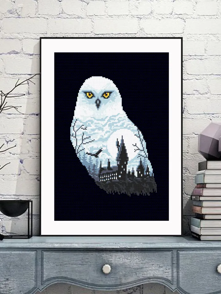 Owl silhouette cross stitch pattern download PDF Magic castle cross stitch Wizard school xstitch chart Halloween moon pattern digital #H32