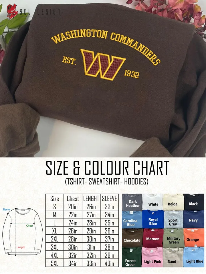 NFL Washington Commanders Est 1938 Embroidered Sweatshirt, NFL Washington Commanders Team Embroidered Shirt, Unisex Game Day Crewneck, Football Fan Gift Tee