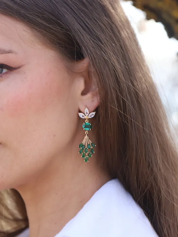 Art Deco Earrings, Boho Bridal Earrings, Statement Wedding Earrings, Emerald Gold Chandelier Earrings, Flower Earrings, Long Wedding Earring