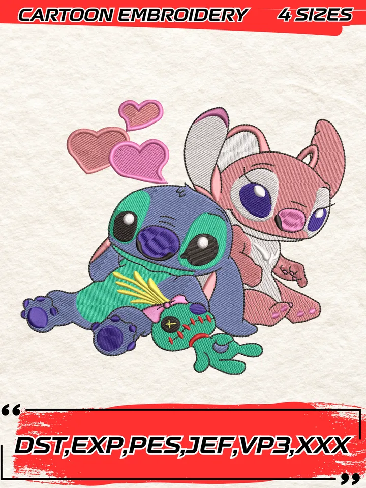Stitch and Angel Cartoon Embroidery Design,Lilo & Stitch Embroidery Design,Machine Embroidery Design File,4 Sizes, Digital Download
