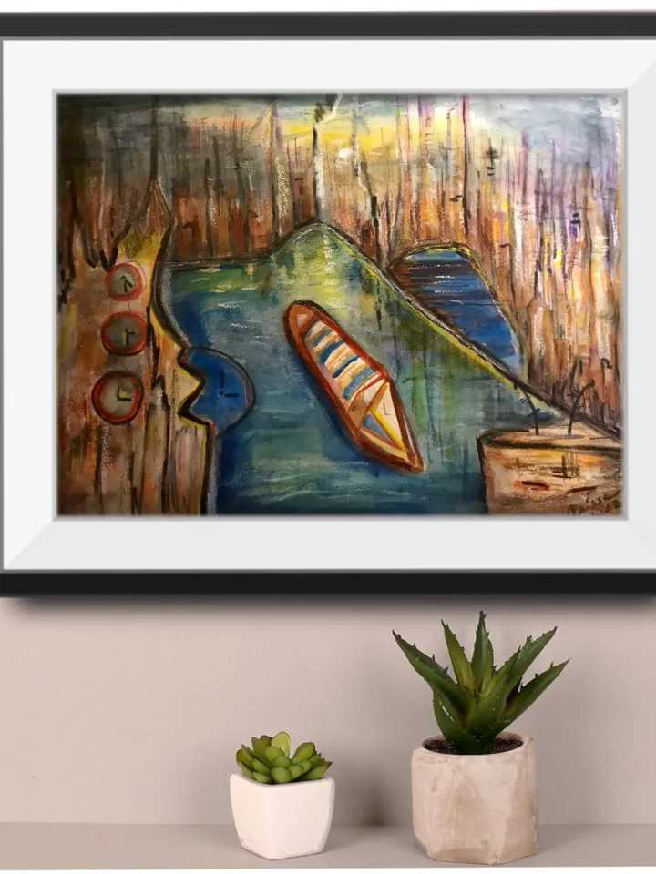 Fantasy cityscape with a boat,original watercolour mix media painting on watercolour 350 g paper,fantasy landscape wall hanging.