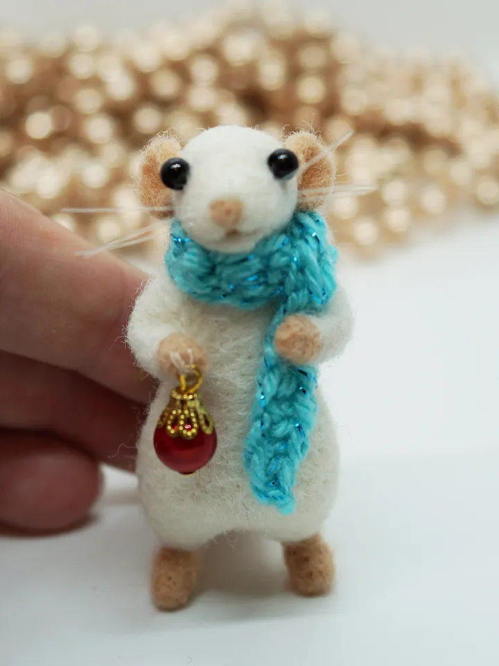 William the mouse, miniature needle felted mouse in a blue scarf, Christmas gift, made to order