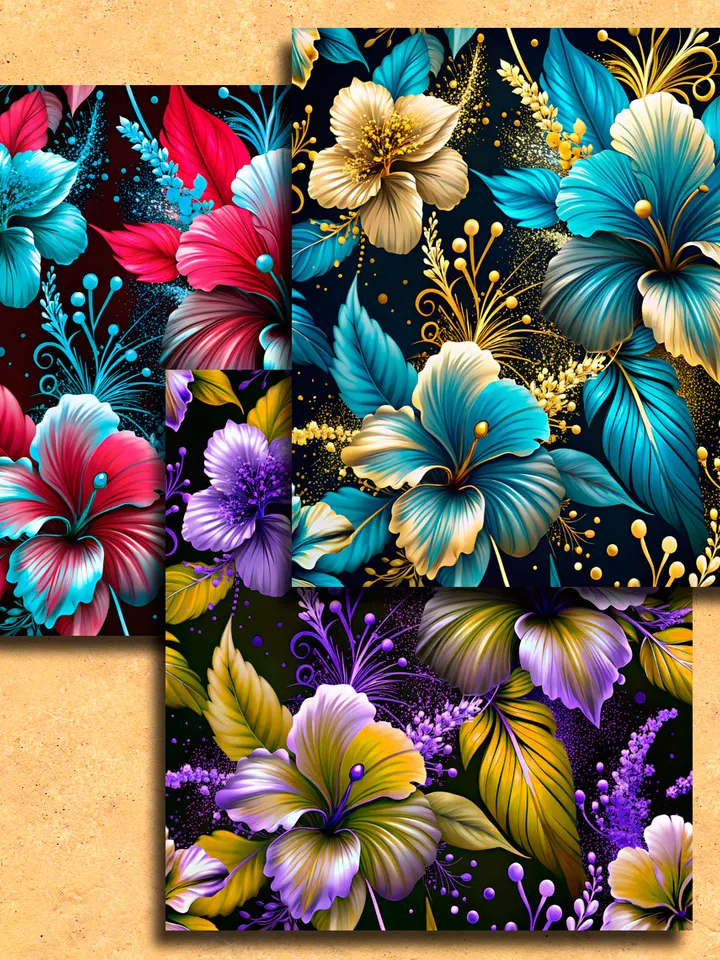 bright flowers hibiscus 18 pieces of patterns for printing on fabric, paper. Digital paper for creativity.