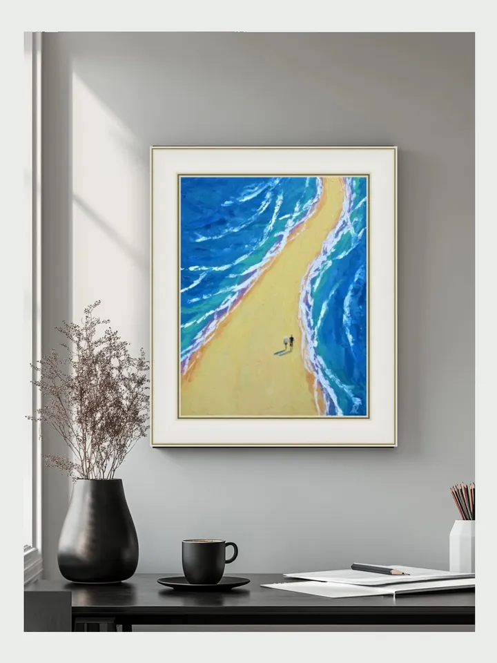 Ocean Shoreline Artwork - Original Palette Knife Oil Painting of a Couple on the Beach on Canvas