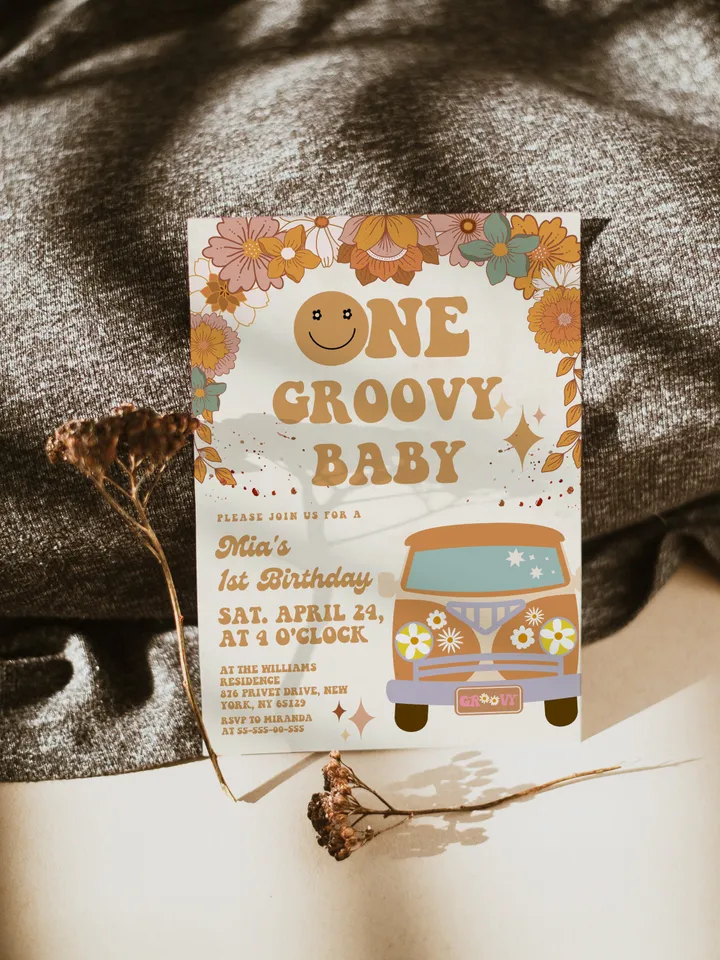 One Groovy Baby Editable Any Age Pink Groovy Van Daisy Rainbow Hippie Birthday Invitation Let's get Groovy 1st Birthday Invitation ; gr3