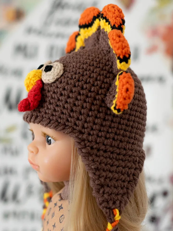 Crocheted Turkey hat for Paola Reina doll, Meadowdolls Dumplings, Little Darling, Siblies Ruby Red for Thanksgiving Day