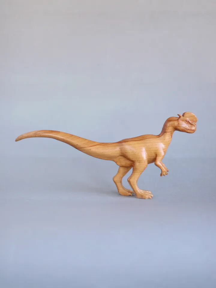Wooden dinosaur Dilophosaurus, wooden hand carved sculpture
