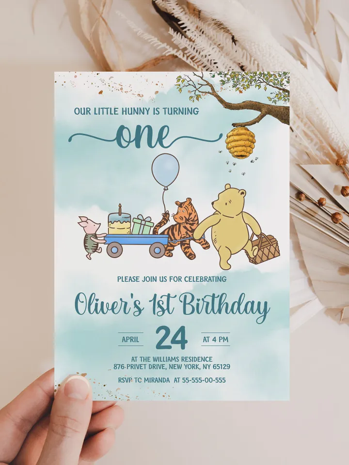 Classic Winnie Pooh Baby Birthday Invitation; Winnie Pooh Baby Birthday ; Greenery Baby Birthday; Honey Bear Birthday; Winnie Pooh wp