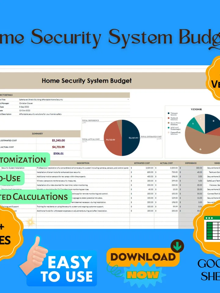 Home Security System Budget Template, Security Upgrade Cost Planner, Smart Home Expense Tracker, Alarm System Budget Spreadsheet