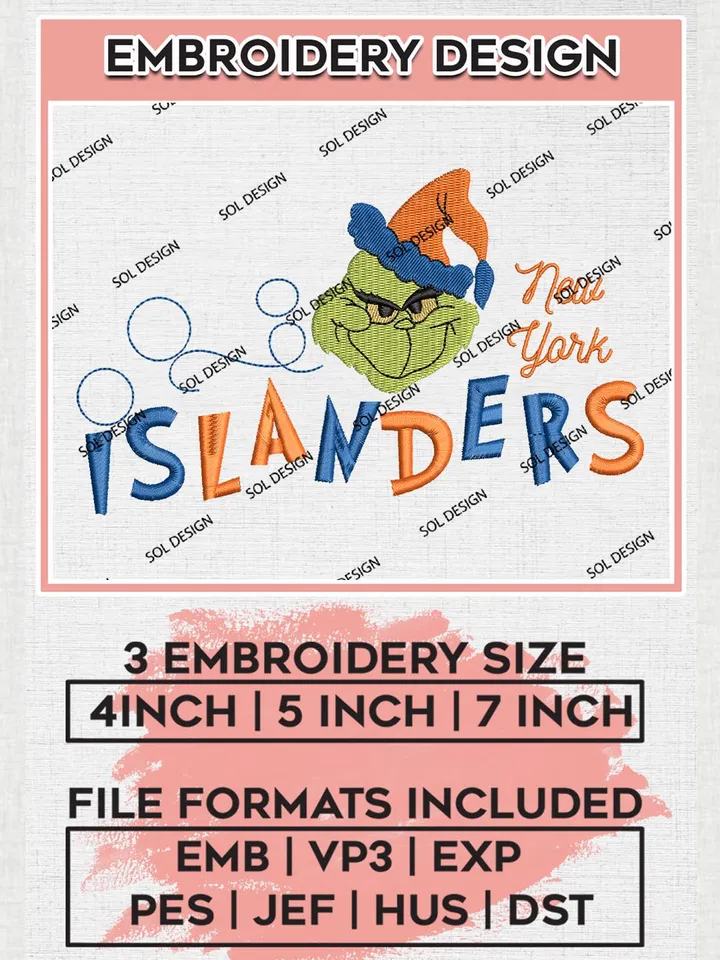 Grinch New York Islanders Embroidery Designs, Grinch Christmas Embroidery Files, NHL Islanders Machine Embroidery Designs, NHL New York Islanders Logo, NHL Christmas Machine Embroidery Design, Digital Download