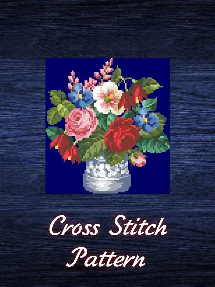 Antique Cross Stitch Pattern Bouquet in a Vase Counted Digital Download PDF